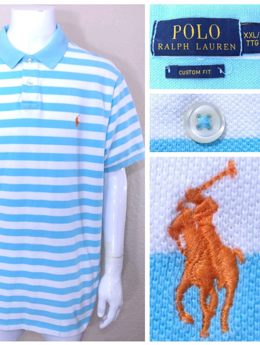 POLO RALPH LAUREN XXL Blue WHITE Stripes ORANGE BIG PONY 2XL RL Golf MENS Vtg